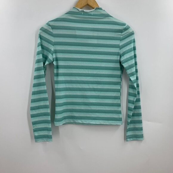 Cali Be Women's Striped Ribbed Mock Neck Long Sleeve‎ Top in Light Blue SZ L NWT - Picture 2 of 11